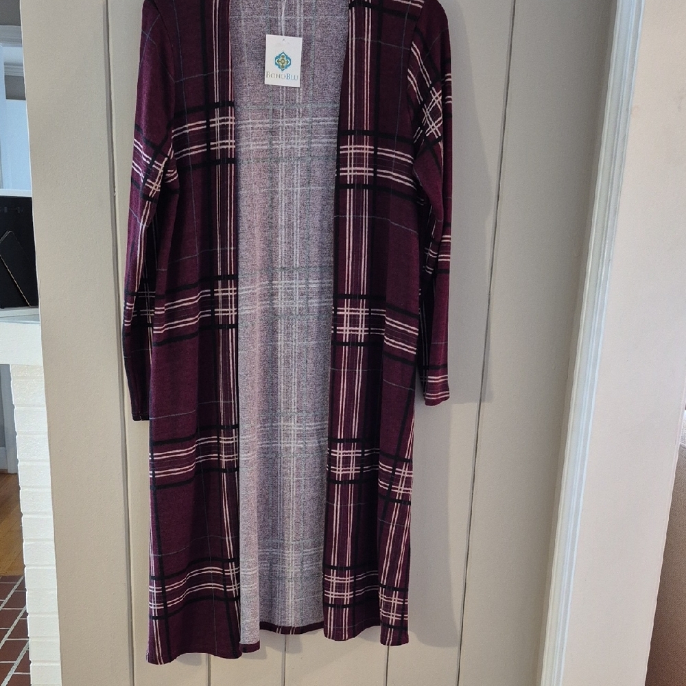 NWT Andrée by Unit Long Plaid Cardigan – Maroon/Gray/White – Size S